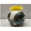 Image 10 : Art Glass Vase w/ Leaf Motif & Yellow Rim 4.5" Dia, 5"H