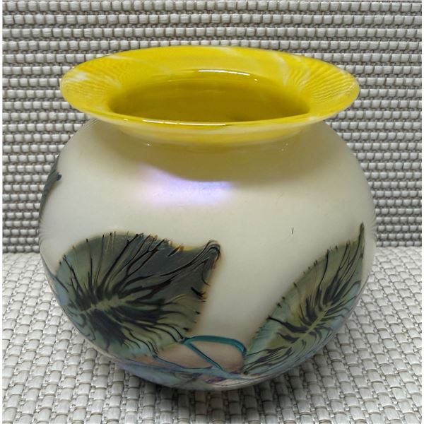 Art Glass Vase w/ Leaf Motif & Yellow Rim 4.5" Dia, 5"H