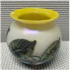 Image 1 : Art Glass Vase w/ Leaf Motif & Yellow Rim 4.5" Dia, 5"H