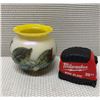 Image 2 : Art Glass Vase w/ Leaf Motif & Yellow Rim 4.5" Dia, 5"H