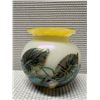 Image 3 : Art Glass Vase w/ Leaf Motif & Yellow Rim 4.5" Dia, 5"H