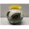 Image 7 : Art Glass Vase w/ Leaf Motif & Yellow Rim 4.5" Dia, 5"H
