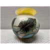 Image 8 : Art Glass Vase w/ Leaf Motif & Yellow Rim 4.5" Dia, 5"H