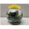 Image 9 : Art Glass Vase w/ Leaf Motif & Yellow Rim 4.5" Dia, 5"H