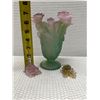 Image 18 : Daum France Pate de Verre Glass Art Vase w/ Purple & Green Roses 4.5" Dia, 7"H (2 Detached Roses)