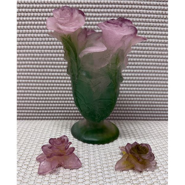 Daum France Pate de Verre Glass Art Vase w/ Purple & Green Roses 4.5" Dia, 7"H (2 Detached Roses)