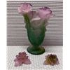 Image 1 : Daum France Pate de Verre Glass Art Vase w/ Purple & Green Roses 4.5" Dia, 7"H (2 Detached Roses)