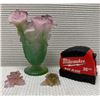 Image 2 : Daum France Pate de Verre Glass Art Vase w/ Purple & Green Roses 4.5" Dia, 7"H (2 Detached Roses)