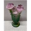Image 3 : Daum France Pate de Verre Glass Art Vase w/ Purple & Green Roses 4.5" Dia, 7"H (2 Detached Roses)