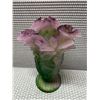 Image 5 : Daum France Pate de Verre Glass Art Vase w/ Purple & Green Roses 4.5" Dia, 7"H (2 Detached Roses)