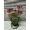 Image 6 : Daum France Pate de Verre Glass Art Vase w/ Purple & Green Roses 4.5" Dia, 7"H (2 Detached Roses)