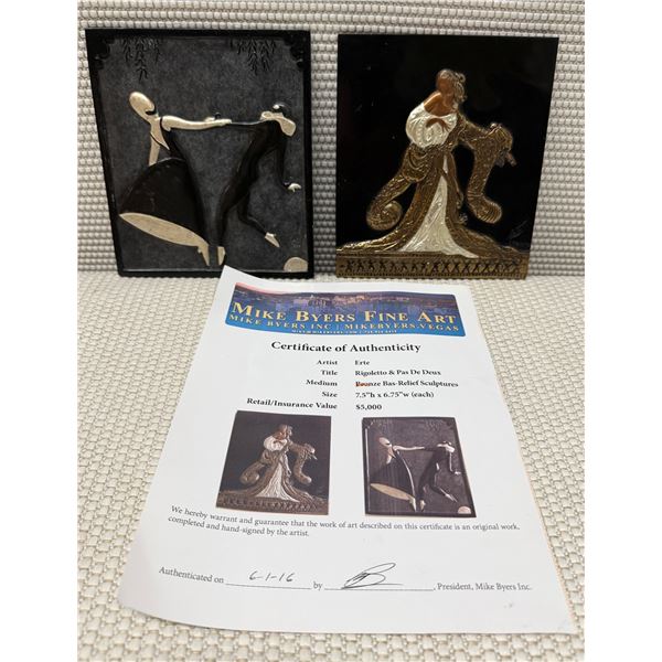 Qty 2 Bronze Bas-Relief Sculptures by Artist Erte Titled Rigoletto & Pas De Deux w/ COA, 6.75" x 7.5