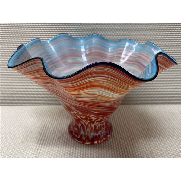 Footed Glass Art Vase w/ Red-Orange & Blue Swirl Design, Ruffled Rim 16" Dia
