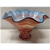 Image 1 : Footed Glass Art Vase w/ Red-Orange & Blue Swirl Design, Ruffled Rim 16" Dia