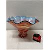 Image 2 : Footed Glass Art Vase w/ Red-Orange & Blue Swirl Design, Ruffled Rim 16" Dia