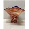 Image 4 : Footed Glass Art Vase w/ Red-Orange & Blue Swirl Design, Ruffled Rim 16" Dia