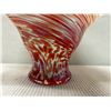 Image 5 : Footed Glass Art Vase w/ Red-Orange & Blue Swirl Design, Ruffled Rim 16" Dia