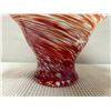 Image 6 : Footed Glass Art Vase w/ Red-Orange & Blue Swirl Design, Ruffled Rim 16" Dia