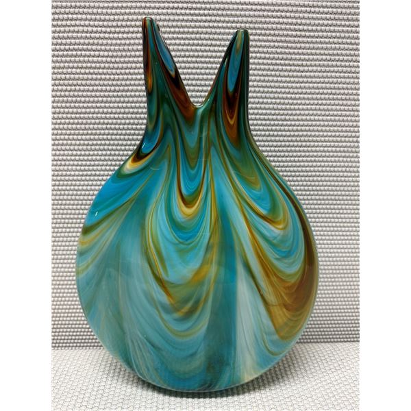 Mdina Glass Handmade Vase w/ Turquoise Swirl Design & Double-Spout Top 12" x 17"H