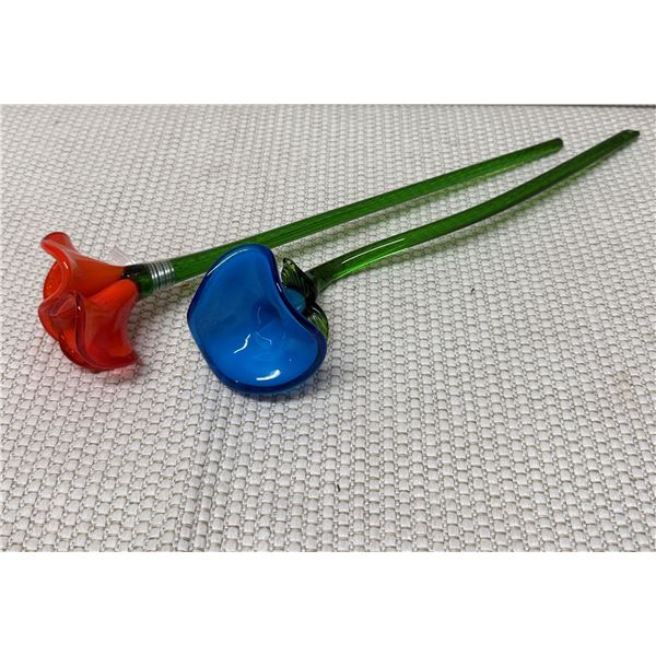 Qty 2 Blown Glass Red & Blue Flower Sculptures 14"L (Red Broken at Stem, Blue Stem Chipped)