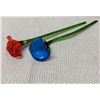 Image 1 : Qty 2 Blown Glass Red & Blue Flower Sculptures 14"L (Red Broken at Stem, Blue Stem Chipped)