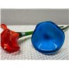 Image 4 : Qty 2 Blown Glass Red & Blue Flower Sculptures 14"L (Red Broken at Stem, Blue Stem Chipped)