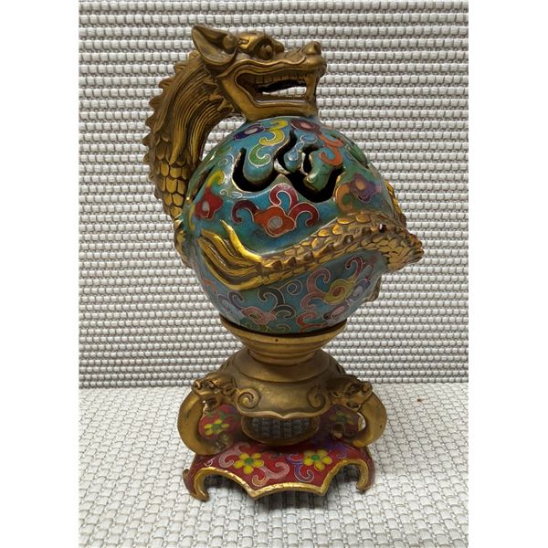 Chinese Cloisonne Bronze Gilt Dragon Ball 2-Section Incense Burner w/ Xuande Reign Mark 5" Dia, 9"H