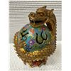 Image 7 : Chinese Cloisonne Bronze Gilt Dragon Ball 2-Section Incense Burner w/ Xuande Reign Mark 5" Dia, 9"H