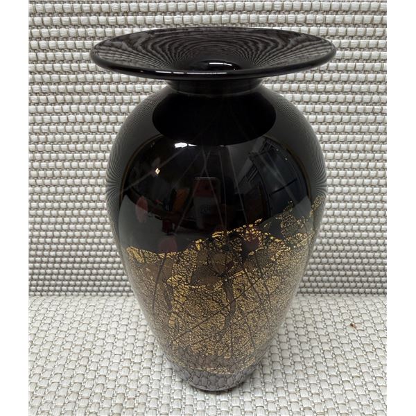 Art Glass Ovoid Vase w/ Gilt Leaf Design Signed by Artist 4" Dia, 7.75"H