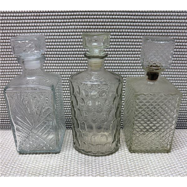 Qty 3 Cut Glass Decanters w/ Stoppers, Misc Sizes