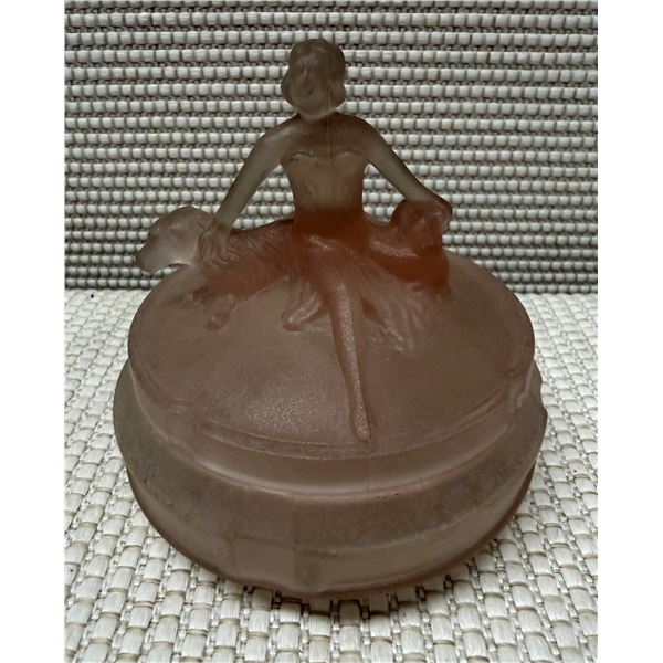 Art Deco Woman w/ Dog Glass Pink Powder Jar w/ Lid 4.5" Dia, 4.25"H