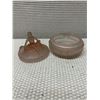 Image 3 : Art Deco Woman w/ Dog Glass Pink Powder Jar w/ Lid 4.5" Dia, 4.25"H