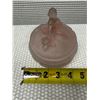Image 6 : Art Deco Woman w/ Dog Glass Pink Powder Jar w/ Lid 4.5" Dia, 4.25"H