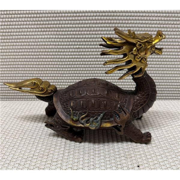 Asian Heavy Bronze (?) & Gilt Feng Shui Dragon Turtle Sculpture w/ Maker's Mark 10" x 6.5"H