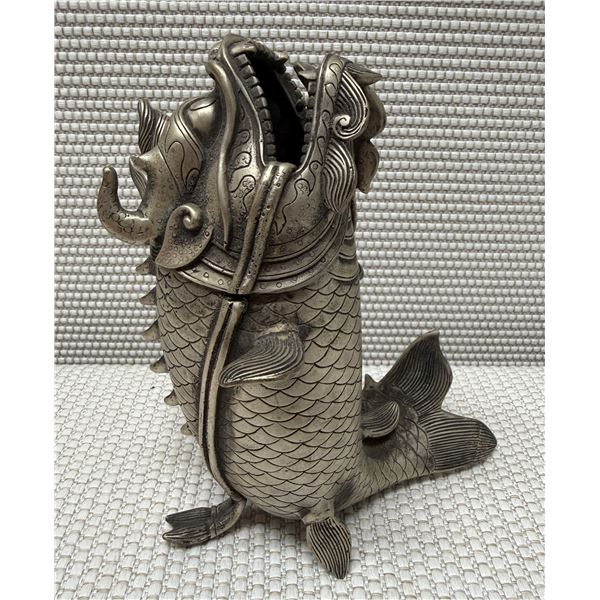 Asian Metal Dragon-Fish Feng Shui 2-Section Incense Burner Sculpture 6" x 8"H