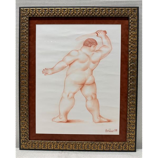 Male Figure w/ Knife by Artist Botero '89, 25" x 30.5" Framed