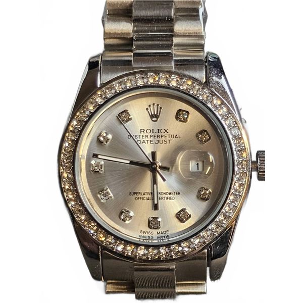 Rolex Oyster Perpetual Datejust Replica Watch, Diamond Hour Markers, Silver Dial