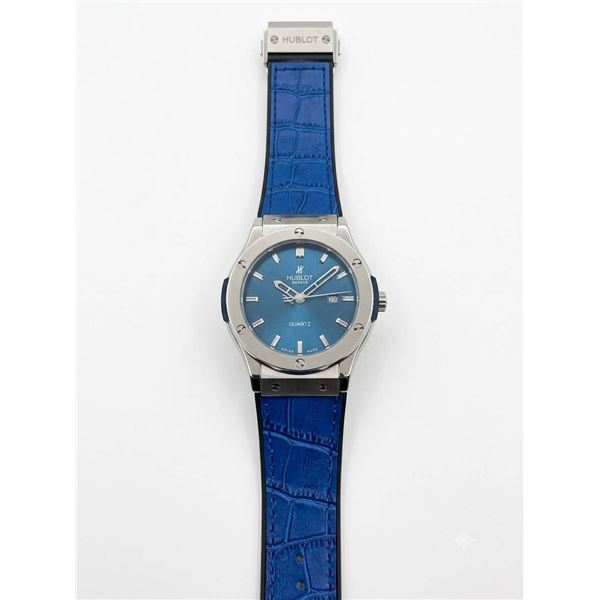 Hublot Style Blue Dial Stainless Steel Replica Quartz Watch with Blue Crocodile Strap