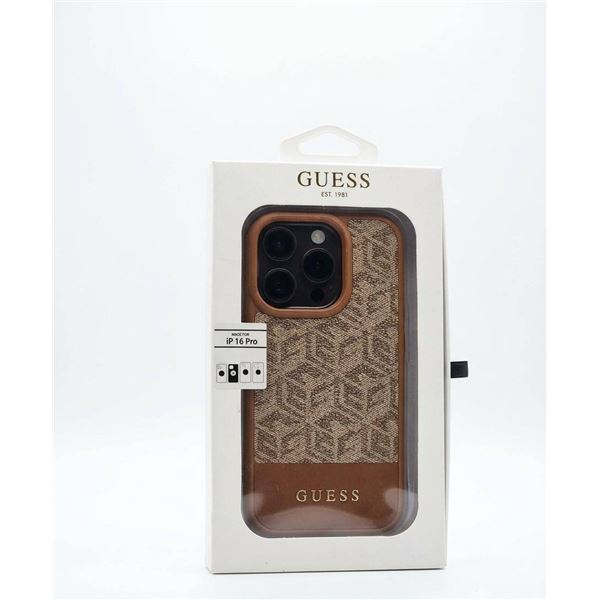 GUESS Brown Patterned Phone Case for iPhone 16 Pro, Branded Packaging