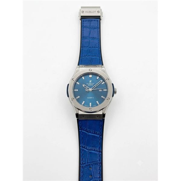 Hublot Style Blue Dial Stainless Steel Replica Quartz Watch with Blue Crocodile Strap
