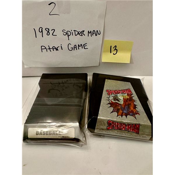 The image shows a 1982 Spider-Man video game cartridge for the Atari 2600, published by Parker Broth