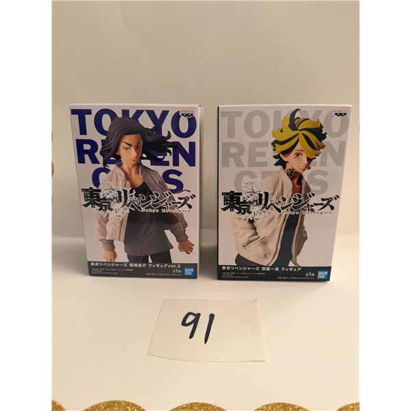 two Banpresto Tokyo Revengers PVC figures featuring Keisuke Baji  and Kazutora Hanemiya