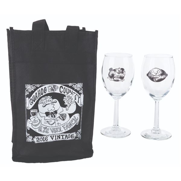 A Pair of "Family Guy" Crew Gift Wine Glasses with Bag.