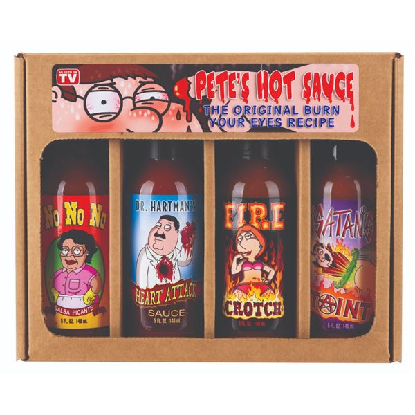 A "Family Guy" Crew Holiday Gift Set of Pete's Hot Sauce Bottles.