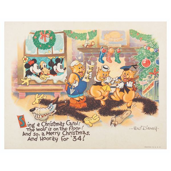 A 1933 Three Little Pigs Disney Studio Christmas Card.