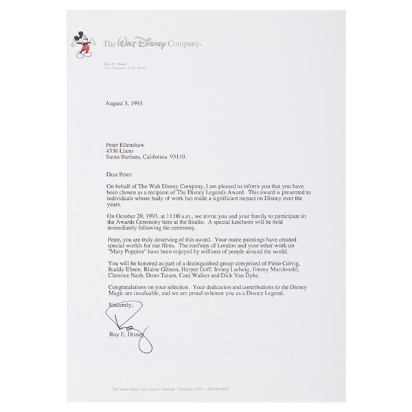 Peter Ellenshaw's Disney Legends Letter Signed by Roy E. Disney.