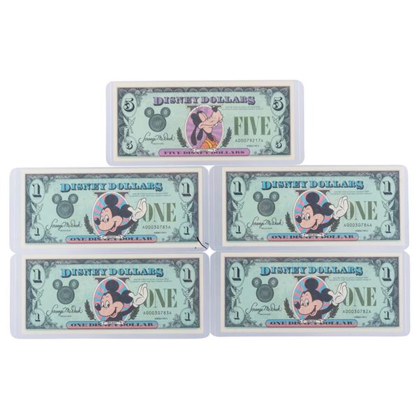 The Second Disneyland 1987 Series AA $1 and $5 Bills.