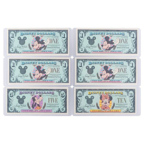 The Disneyland 1990 AA Series $1, $5, and $10 Bills.