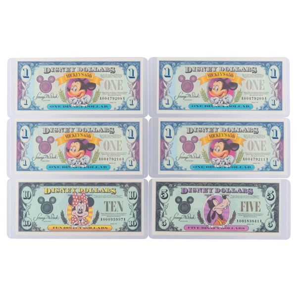 The Disneyland 1993 AA Series $1, $5, and $10 Bills.