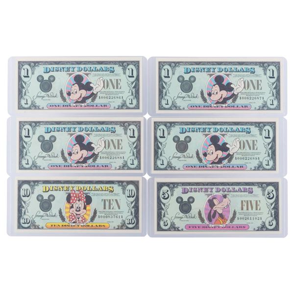 The Disneyland 1994 AA Series $1, $5, and $10 Bills.